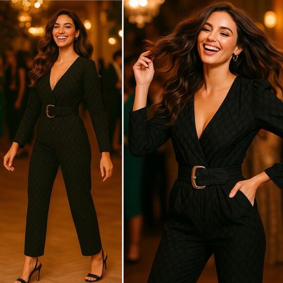 Tanya Taylor Pants - TANYA TAYLOR Talisia Straight Leg Belted Jumpsuit Black Long Sleeve V Neck NEW